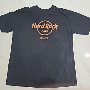 Hard Rock Cafe Budapest Black T-Shirt Faux Leather Letters Men's Size XXL